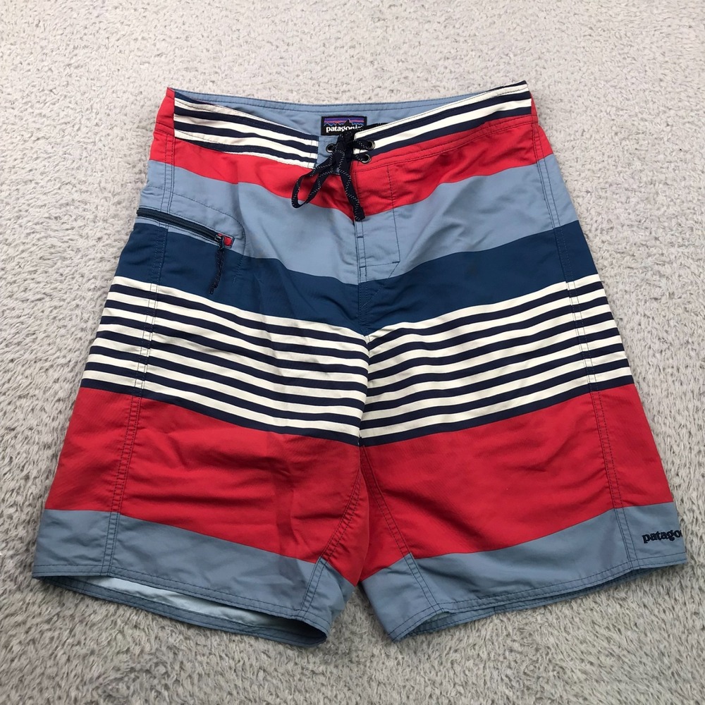 Patagonia Wavefarer Board Shorts Mens 32 Red/White/Blue Striped 10" Swim Trunks